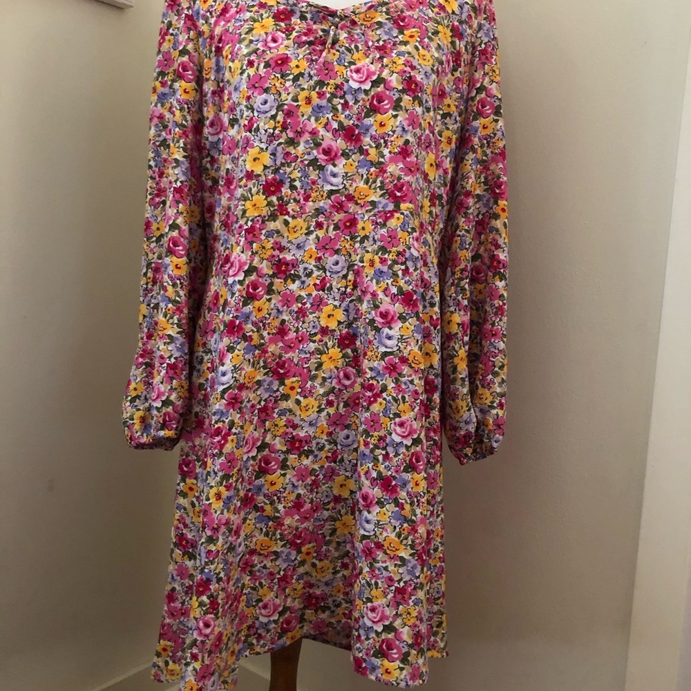 Loft Floral A-Line Long Sleeve Dress — Pink & Yellow Bouquet